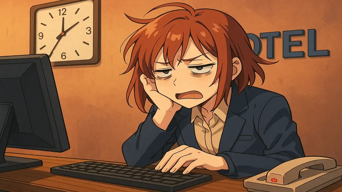 Anime illustration of a tired hotel employee dealing with an early check-in request at 6:45 AM.