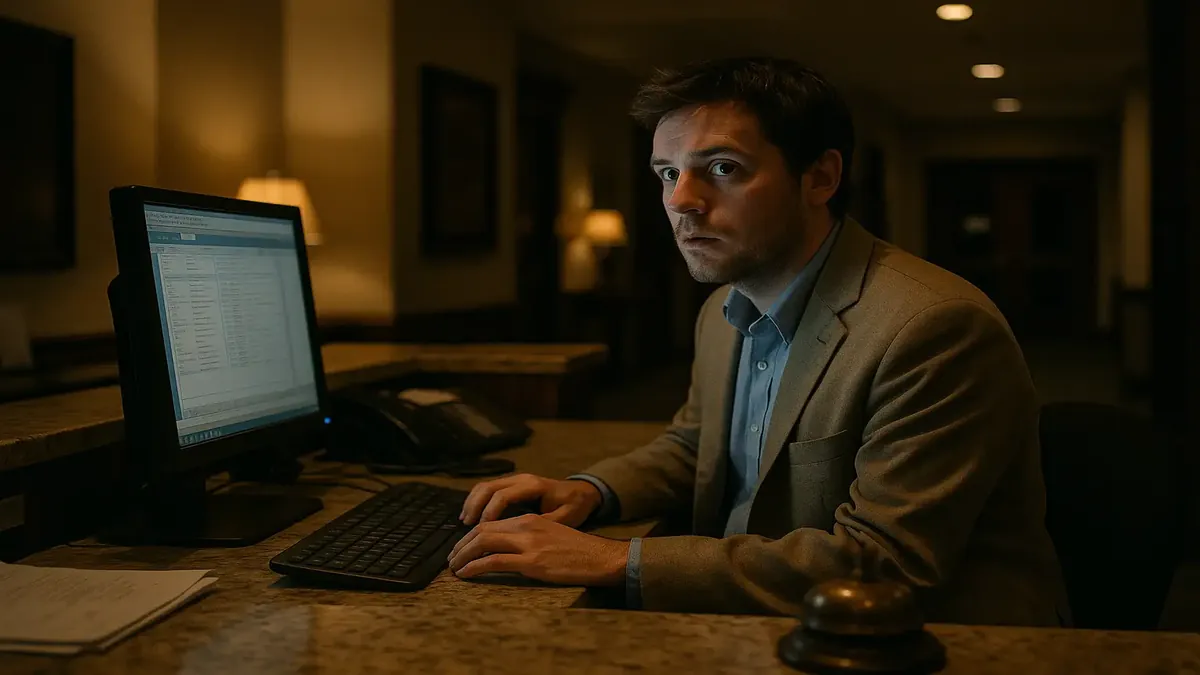 A busy hotel front desk during a band competition night, with a computer and guests checking in.