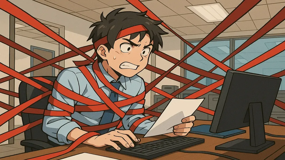 Anime illustration depicting software cutover challenges and red tape in tech documentation processes.