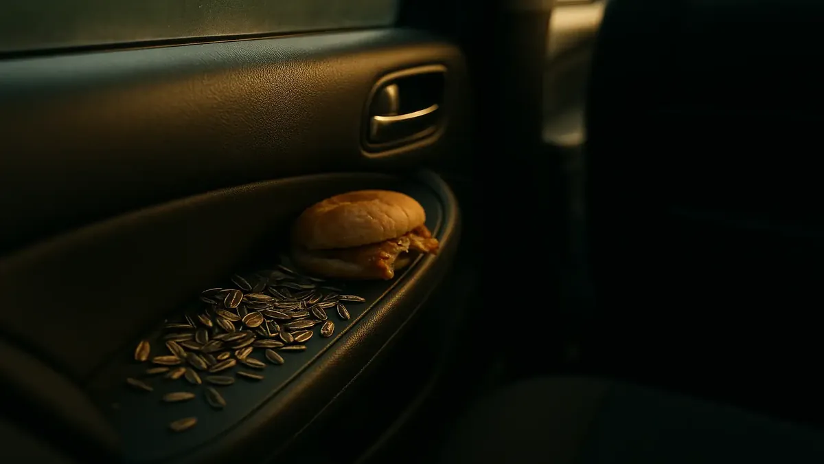 Chewed sunflower seeds scattered in a car's backseat compartments, evoking memories of college road trips.