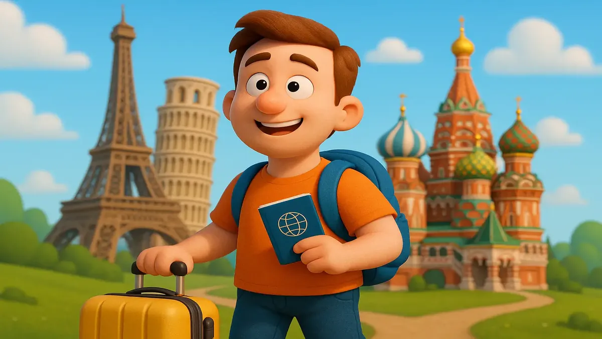 Cartoon-3D illustration of Kevin contemplating his life changes before a trip to Europe.