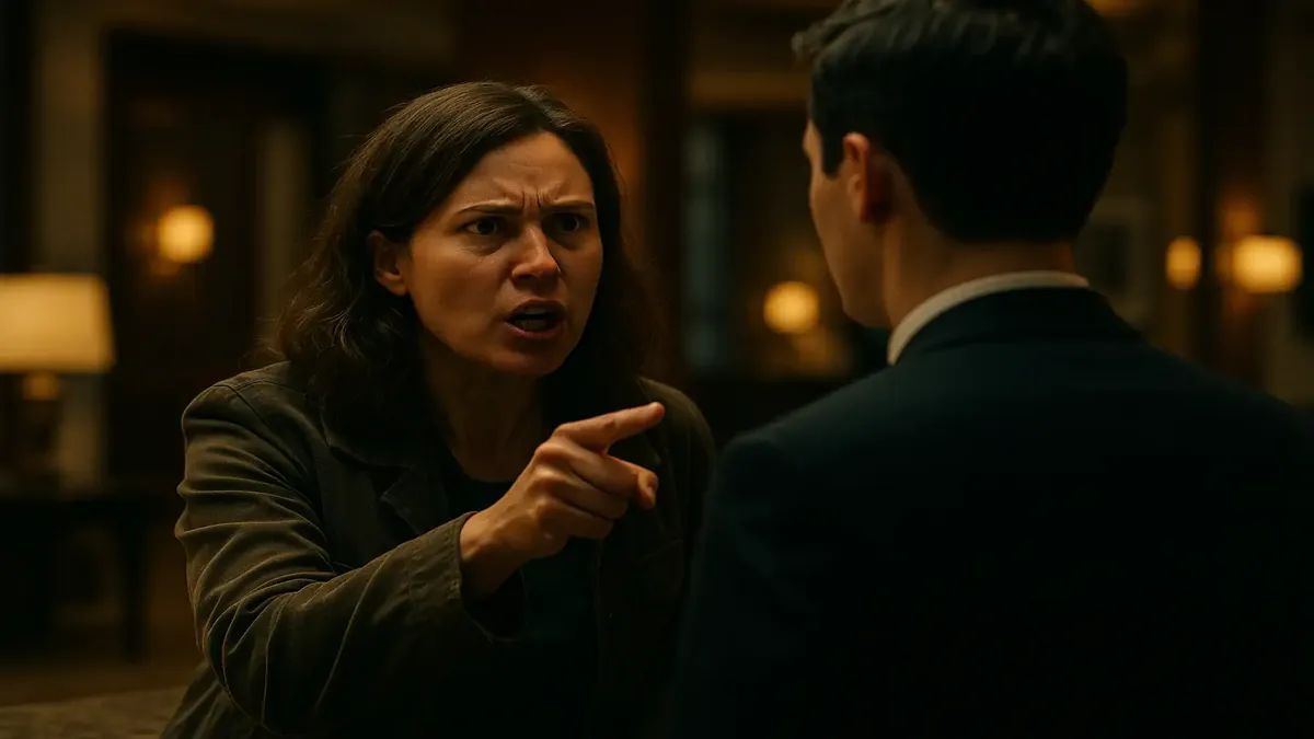 Cinematic image of a frustrated hotel guest confronting a receptionist about credit card holds.