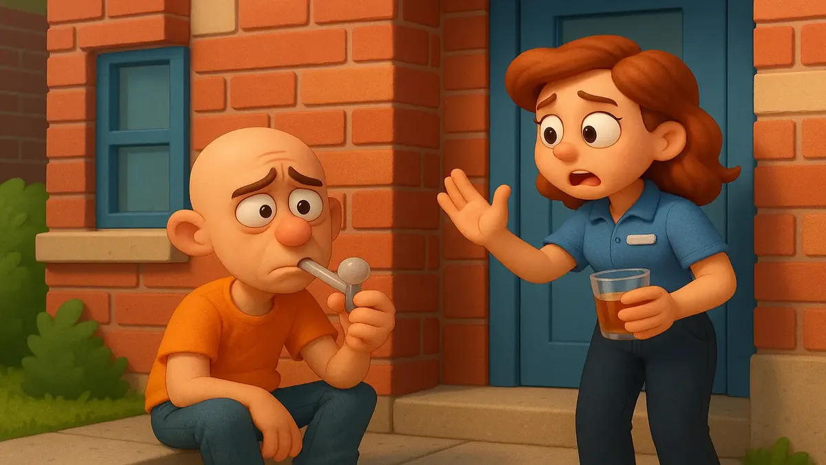 Cartoon-3D illustration of a coworker discussing a funny incident outside an entrance, reflecting a humorous moment.