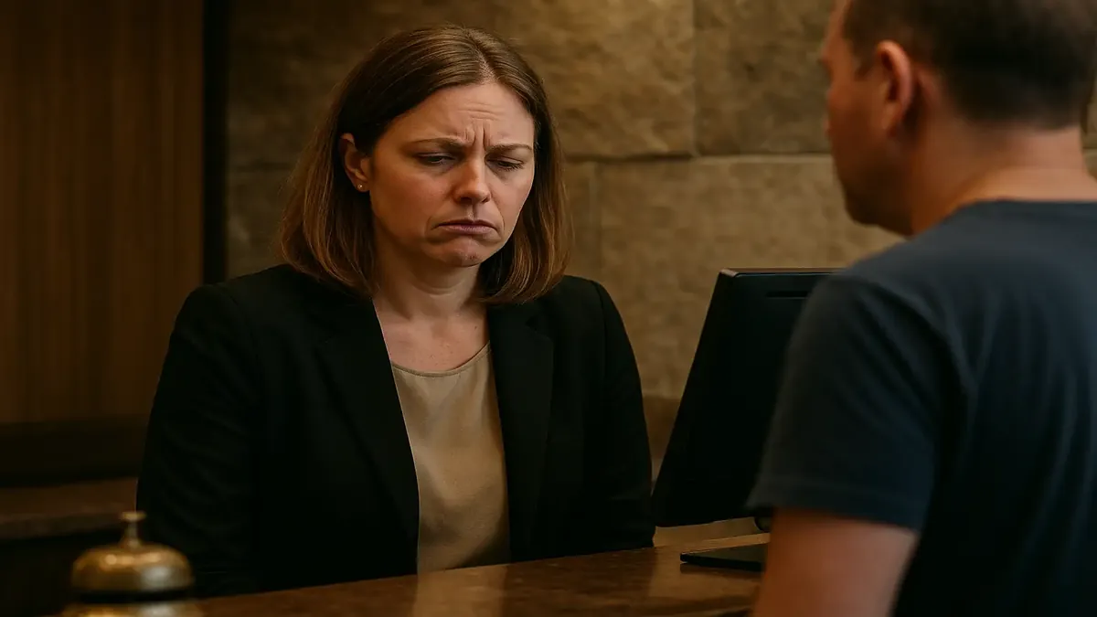 Frustrated hotel front desk worker dealing with early check-in inquiries from guests.
