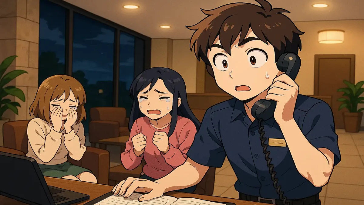 Anime-style illustration of a hotel lobby at night, capturing a heartfelt moment with a distressed guest.