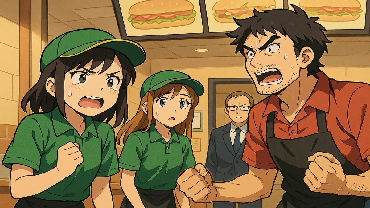 Anime-style illustration of a high school worker confronting a creepy kitchen manager at a fast-food restaurant.