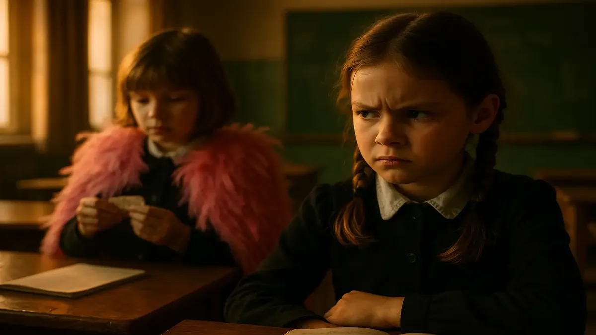Cinematic image of a childhood rivalry, featuring a girl in a pink feathered cape and a tense classroom scene.