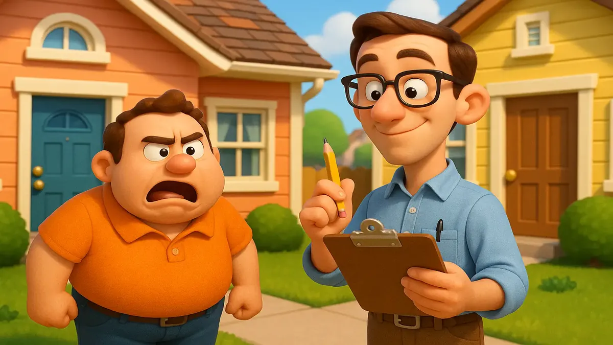 Cartoon illustration of a townhouse community with an HOA sign, depicting neighborhood conflict and rule enforcement.