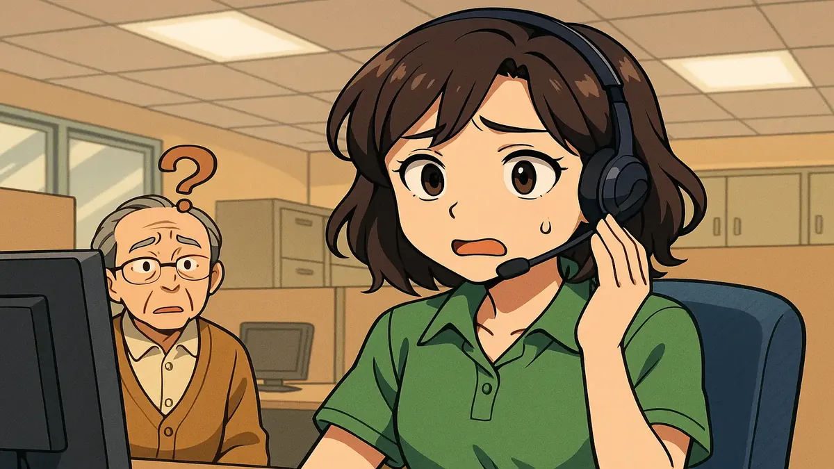 Anime-style illustration of a flustered tech support agent surrounded by confused senior citizens.