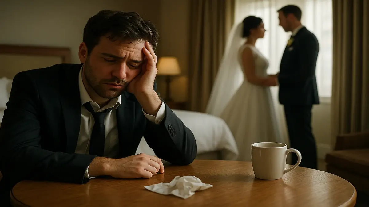 Frustrated wedding planner dealing with chaotic wedding block reservations in a hotel setting.