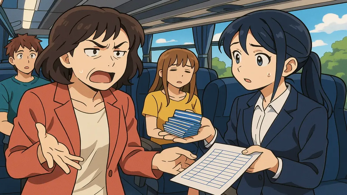Anime-style illustration of a bus group check-in, highlighting confusion and excitement during the process.