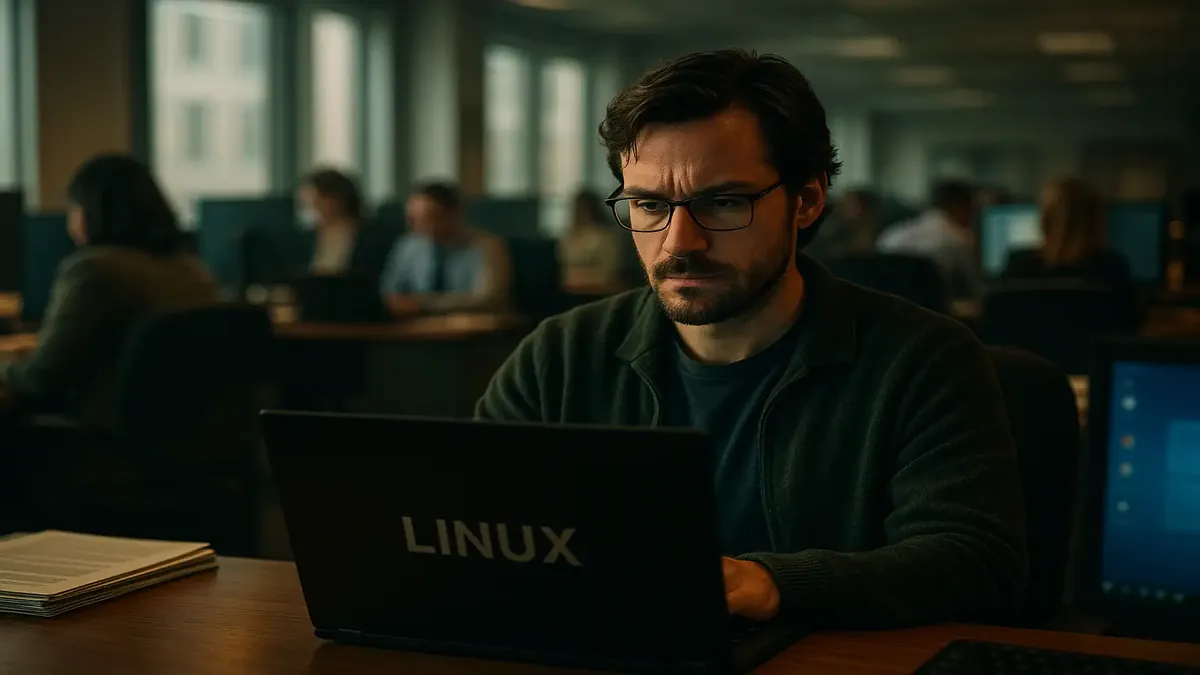 A cinematic view of a dual-screen workspace showcasing Linux and Windows environments for office productivity.
