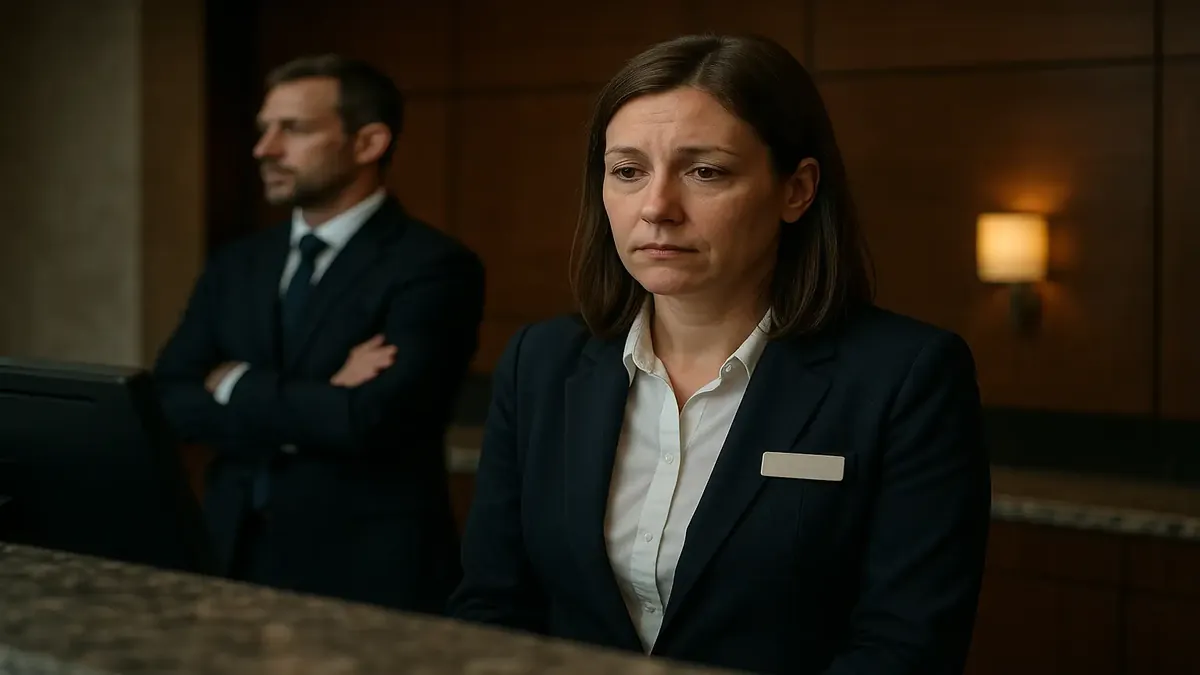 Receptionist at a busy hotel, reflecting on career growth and missed opportunities after 8 years.