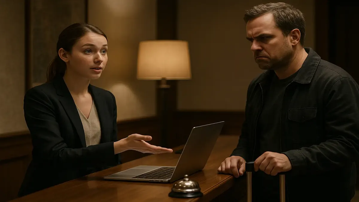 Front desk interaction showing a frustrated guest and staff member communicating at a hotel reception.