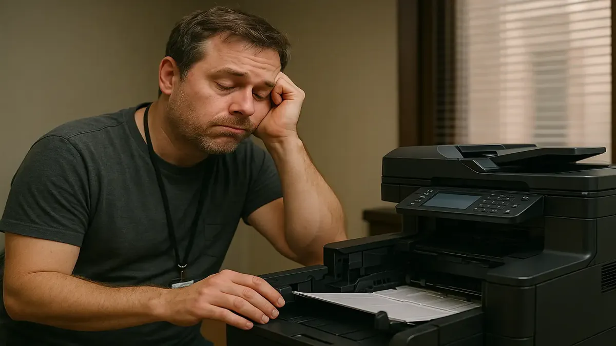 Technician troubleshooting a printer issue with an APIPA IP address in an office setting.