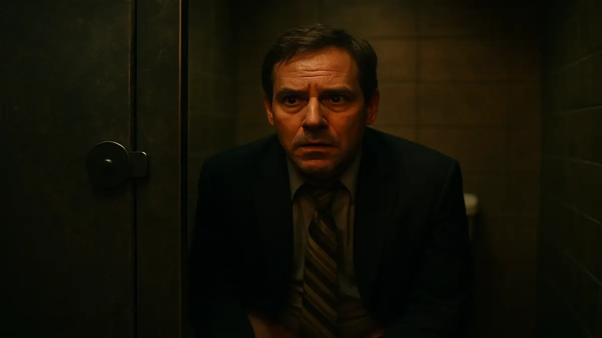 Cinematic scene of a bathroom door, hinting at an unexpected interruption during a late-night shift.