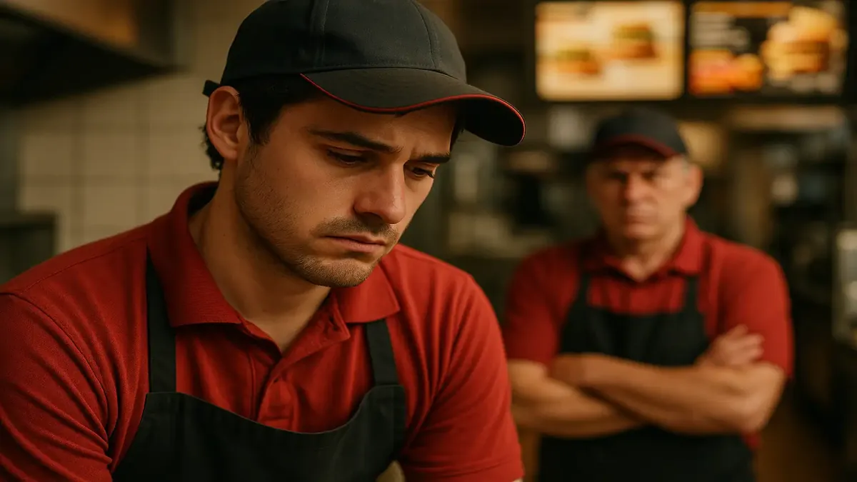 Employee feeling stressed at fast food job, contemplating unfair break policies from a difficult boss.