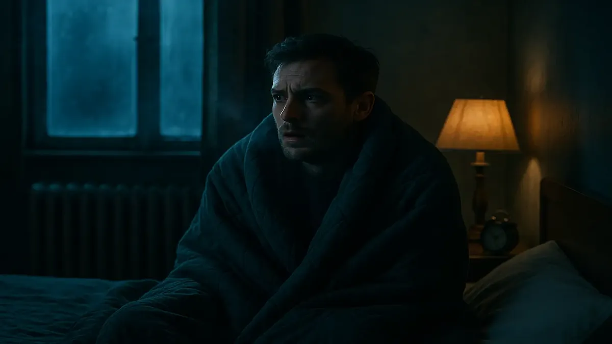 Cinematic scene of a cold, dimly lit bedroom with unusual shadows and eerie noises depicted.