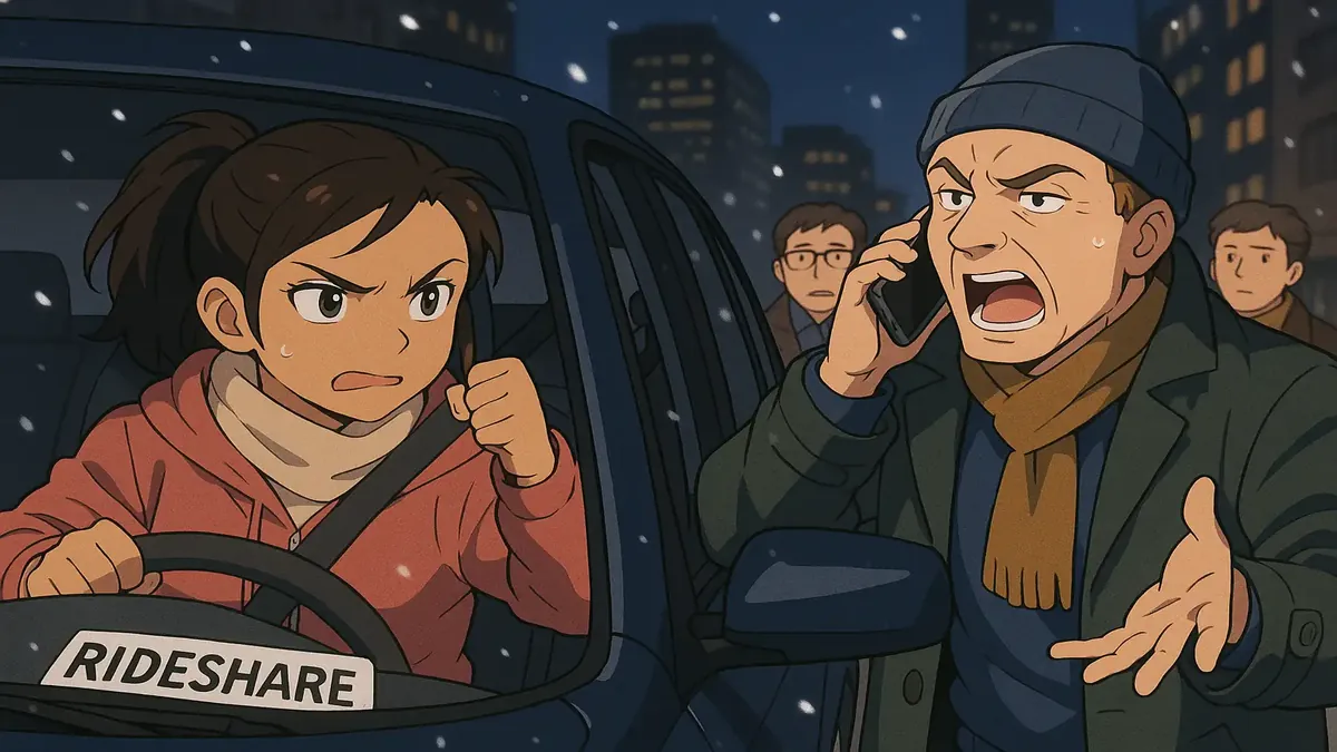 Anime-style illustration of an Uber driver confronting rude passengers on the phone in downtown Detroit.