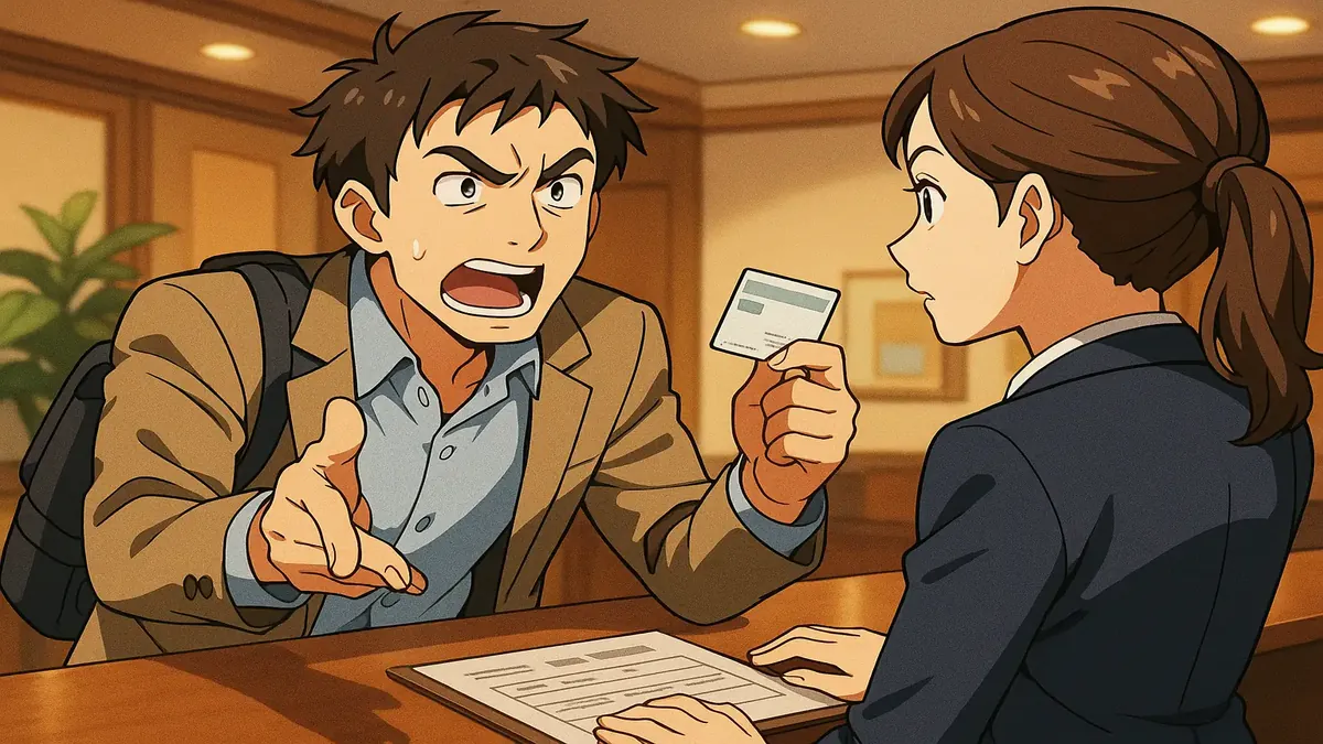 Anime illustration of a frustrated guest arguing for a discount at a hotel reception, representing travel and negotiation.