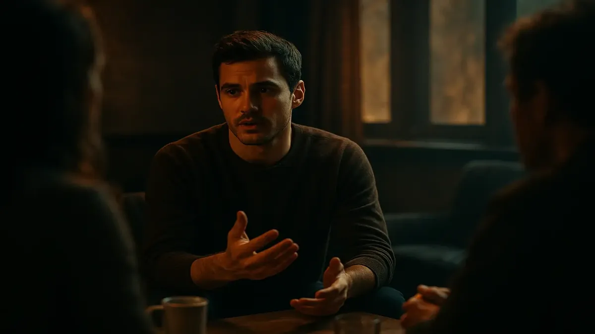 Cinematic scene of diverse people discussing and sharing ideas in a lively online forum setting.