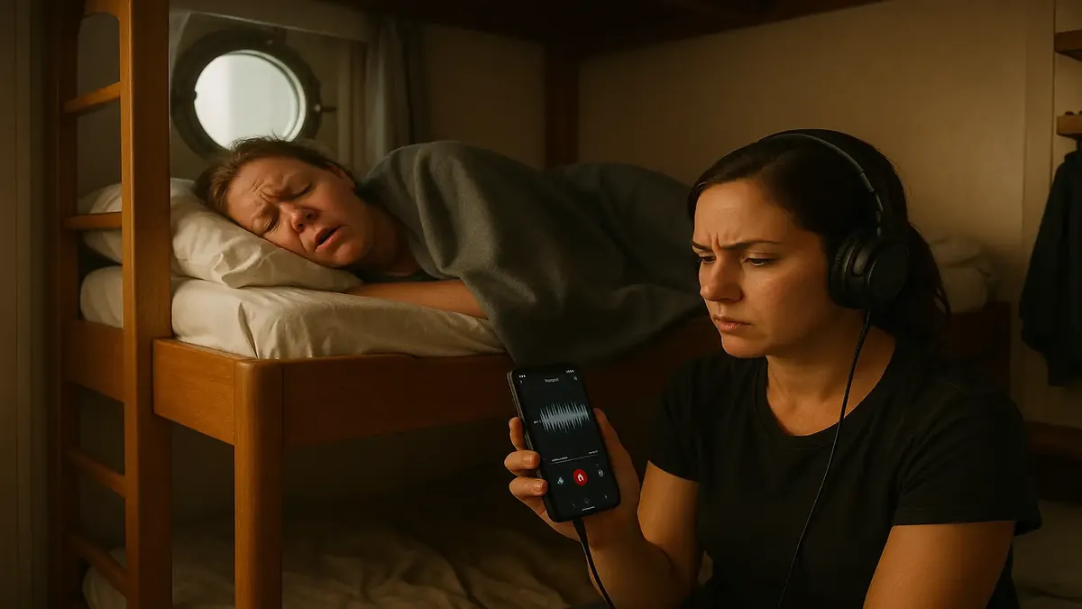 Roommate snoring in bunk bed on a cruise ship, performer struggling to sleep, photorealistic image.