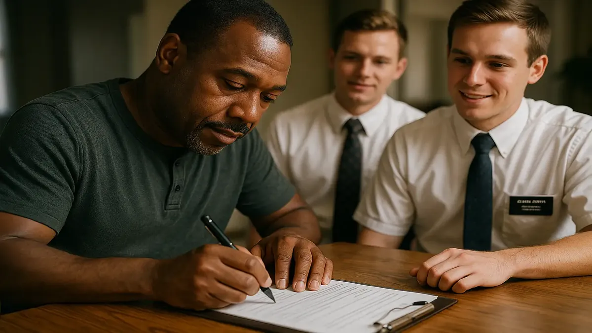 Photorealistic image of missionaries conversing with a diverse group of people interested in learning more.