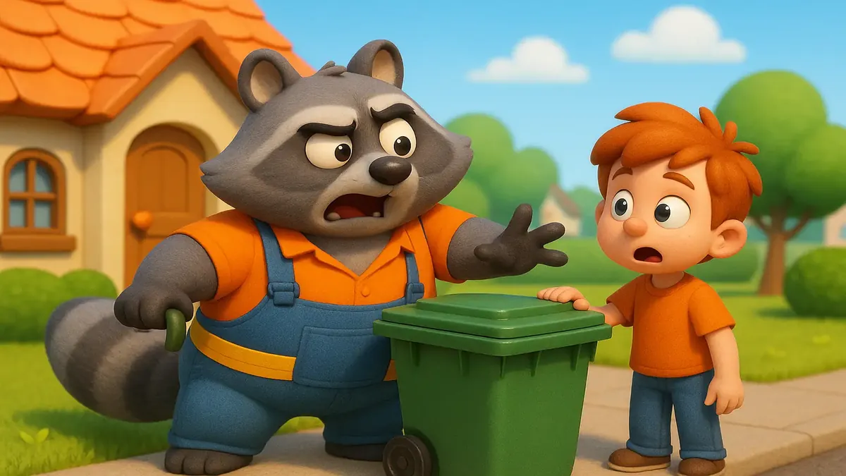 Cartoon 3D illustration of a friendly trash panda collecting garbage in a residential neighborhood.