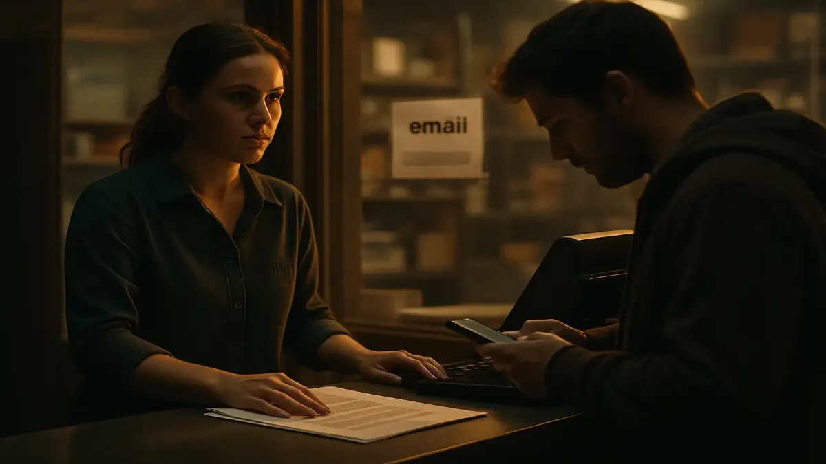Customer distracted by phone while waiting for printing service at a retail shop counter.