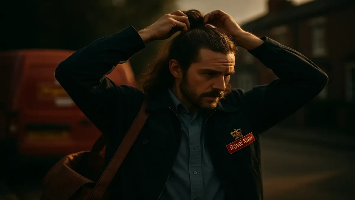Vintage image of a postman from the 1970s with long hair tied up, reflecting workplace norms of the era.