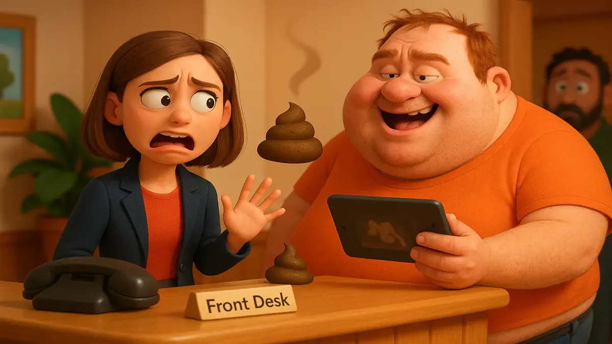 Cartoon 3D illustration of a frustrated hotel staff member in a lobby, reacting to inappropriate guest behavior.