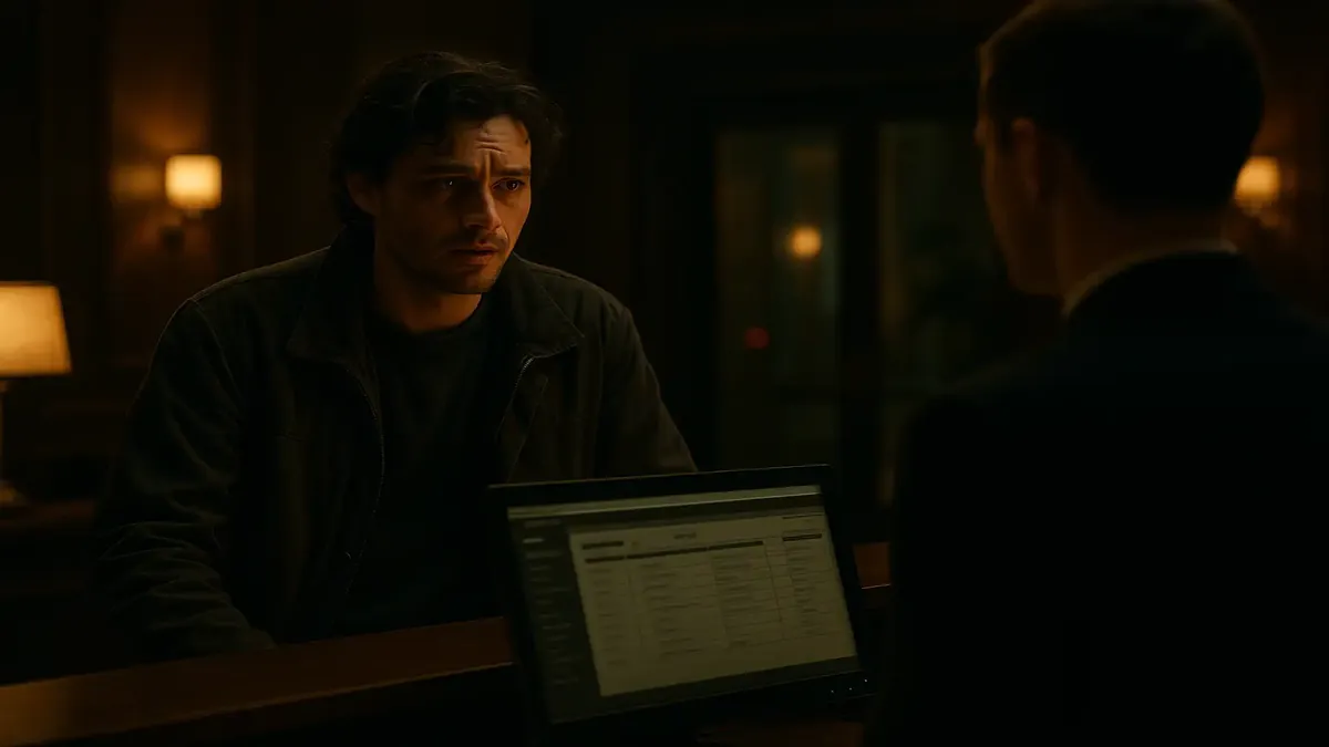 Hotel receptionist at night dealing with an unexpected guest in a cinematic setting.