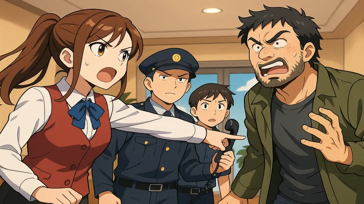 Anime illustration of a hotel worker confronting rude guests, showcasing the struggle of maintaining order.