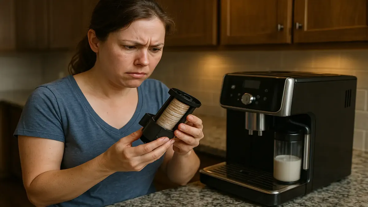 New automatic coffee machine on kitchen counter with used filter compartment, ready for maintenance tips.