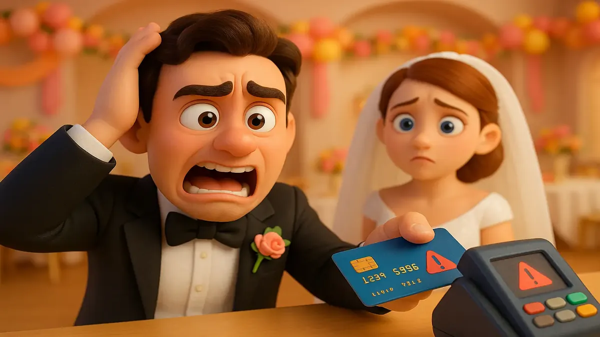 Cartoon-3D image of a frustrated couple inspecting a credit card, symbolizing common payment issues at hotels.