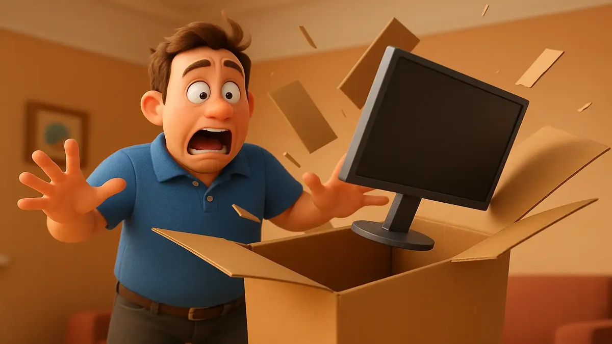 Cartoon-3D illustration of a monitor box exploding open, capturing a surprised reaction during remote work setup.
