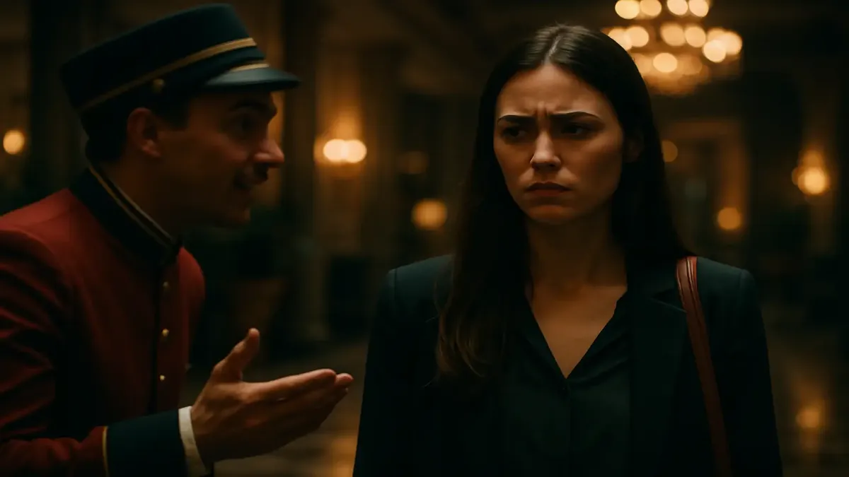 Cinematic scene of a bellman assisting guests at a luxury hotel, showcasing exceptional service and hospitality.