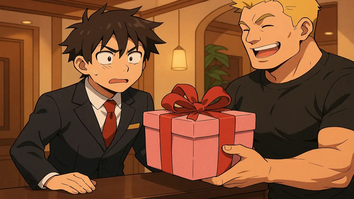 Anime illustration of a hotel lobby with a whimsical group of guests from an adult toys website.