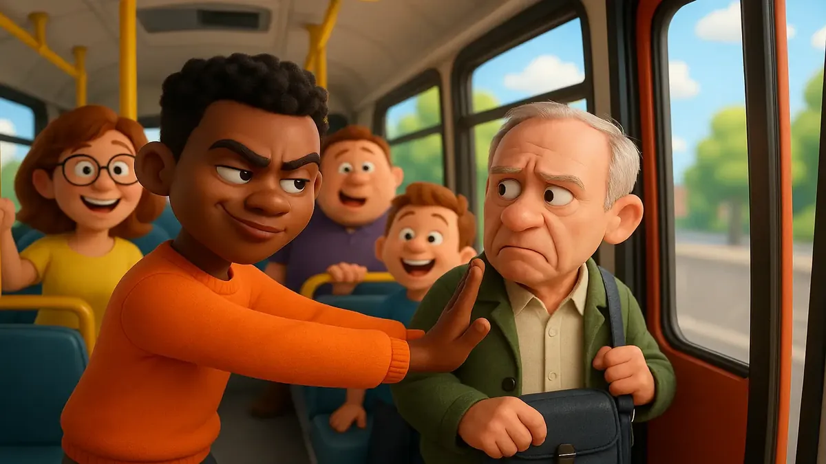 व्यस्त फिलाडेल्फिया बस स्टॉप की 3डी कार्टून तस्वीर, जहां लोग चढ़ने और उतरने के लिए भागदौड़ कर रहे हैं।