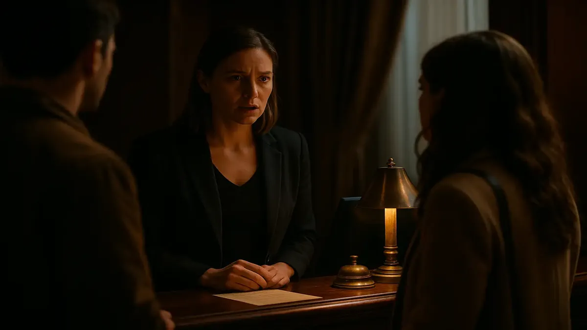 Cinematic view of a hotel lobby with guests inquiring about early check-in, emphasizing the suite's limited availability.