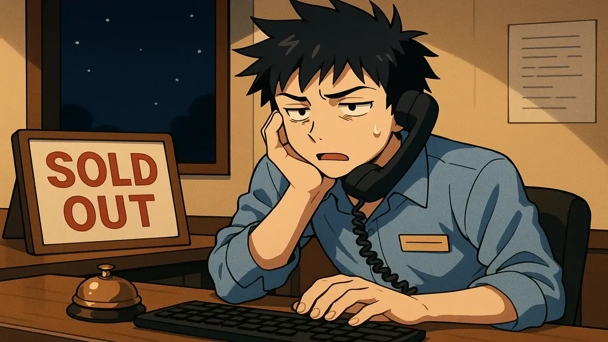 Anime illustration of a night auditor overwhelmed with prank calls and late-night chaos in a hotel setting.