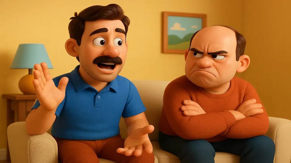 Cartoon-3D illustration of a frustrated man expressing his needs in a conversation, highlighting communication issues.