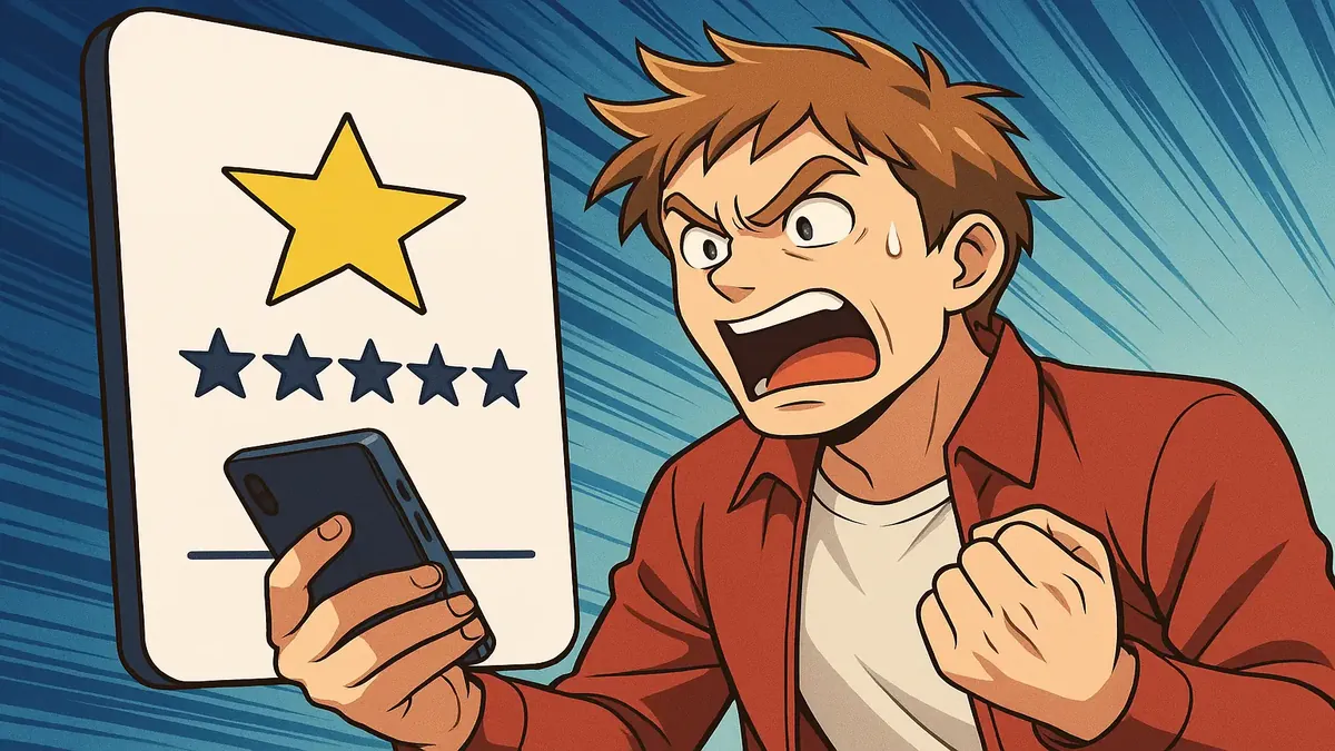 Anime-style illustration depicting a frustrated traveler surrounded by negative review bubbles in downtown Boston.