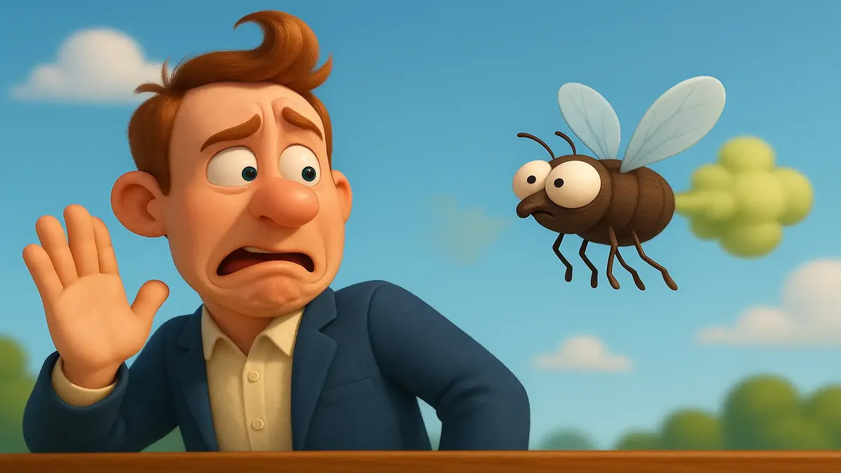 Cartoon-3D illustration of a front desk scene in a hotel, highlighting a humorous moment involving a fart.