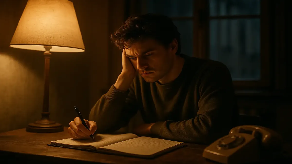 Cinematic image of a frustrated student in an old apartment, reflecting on noise complaints from neighbors.