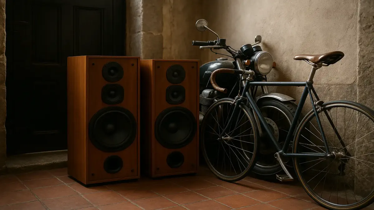 Neighbor blocking bike in Porto entryway with vintage speakers in the background, capturing a tense moment.