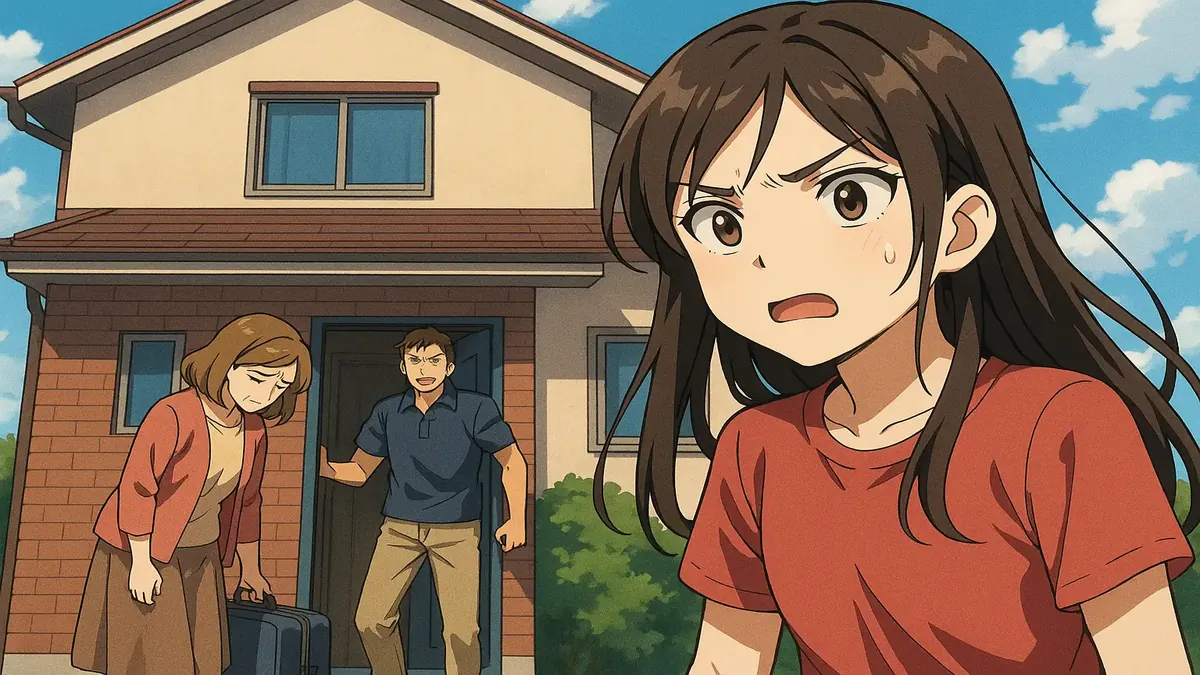 Anime-style illustration of a woman being supported by friends after a breakup with her boyfriend.
