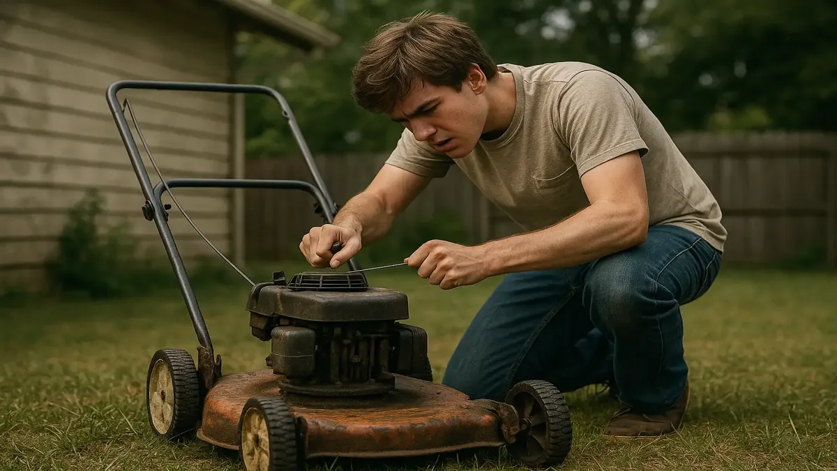 High school student Kevin struggling to start a lawnmower in a sunny backyard setting.