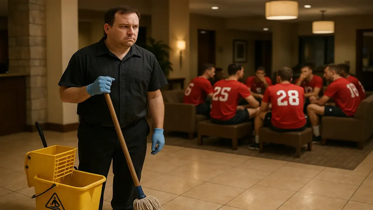 A frustrated worker cleaning a lobby, representing the challenges of sports group responsibilities.