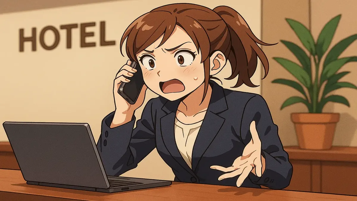 Cartoon-style image of a confused hotel receptionist answering a phone call about booking inquiries.